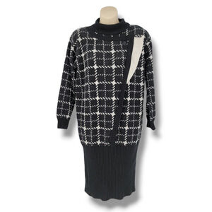 Vintage Cristina‎ 80s Women's Plaid Geometric Mock Neck Sweater Dress Medium
